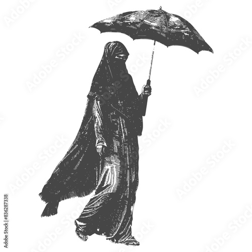 Halftone Woman in Niqab with Umbrella, Retro Engraving Style.
