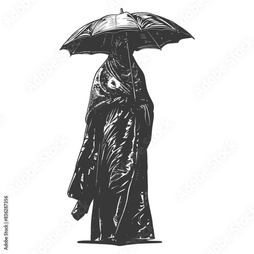 Monochromatic Silhouette: Woman Cloaked, Shrouded by Umbrella, Engraving Style.