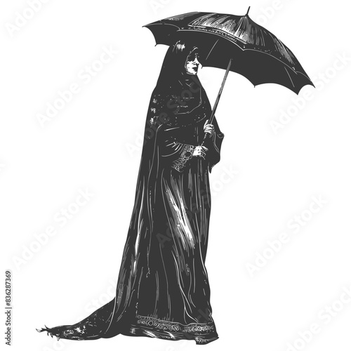 Victorian Widow: Engraving of a Veiled Woman with Parasol.