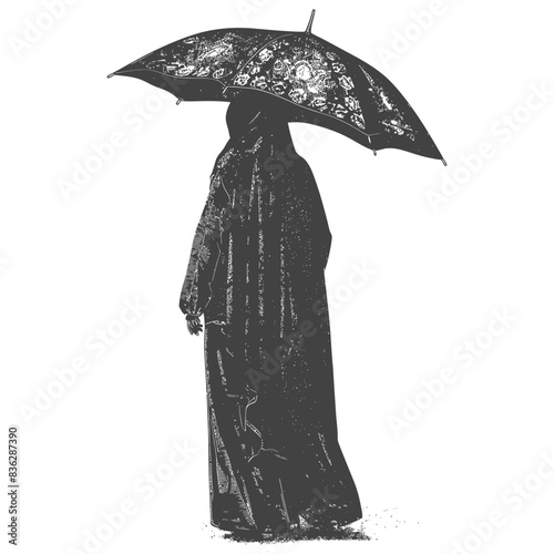 emirates women wearing abaya with umbrella full body with engraving style black color only