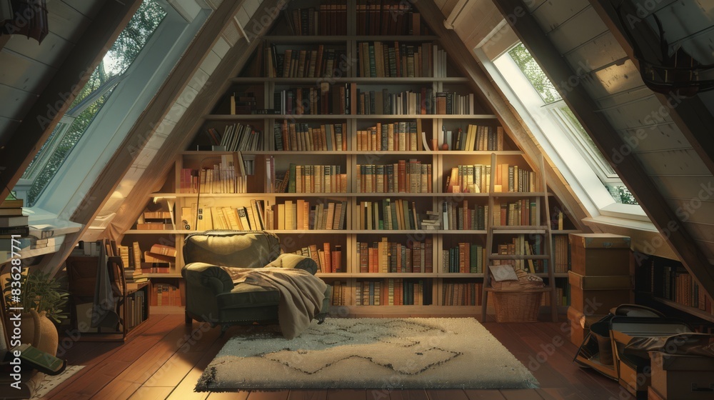 The attic has been converted into a quiet reading nook, with shelves of books, a comfy chair, and soft lighting. The attic has been converted into a quiet reading nook, with shelves of books, a comfy chair, and soft lighting.