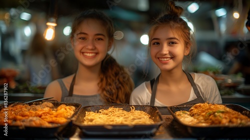 young women friends choose cooking dessert on hot pan at downtown street food city  delicious food serve for tourist