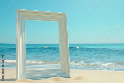 A white frame is sitting on the sand next to the ocean