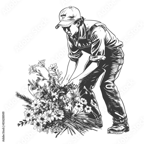 florist in action with engraving style black color only