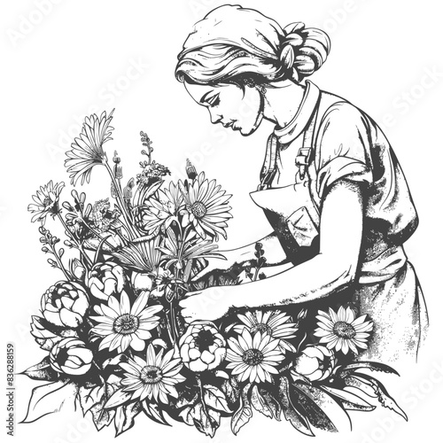 florist in action with engraving style black color only