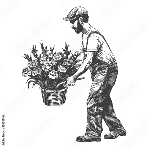 florist in action with engraving style black color only