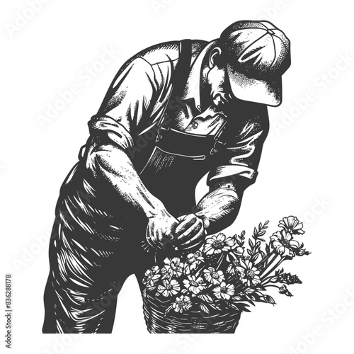 florist in action with engraving style black color only