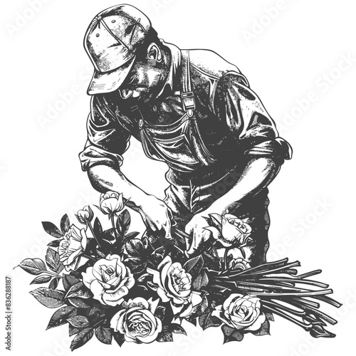 florist in action with engraving style black color only
