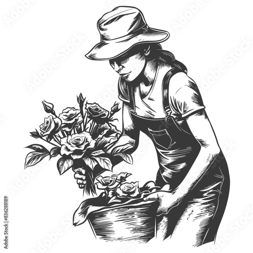 florist in action with engraving style black color only