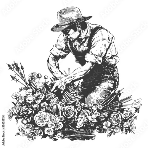 florist in action with engraving style black color only