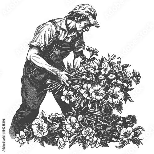 florist in action with engraving style black color only