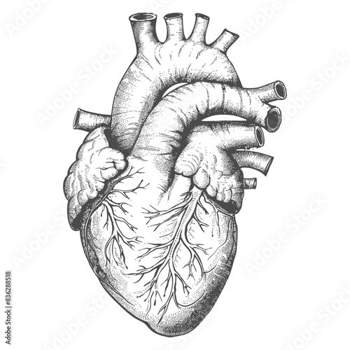 Intricate Hand-Drawn Anatomical Heart Illustration, Monochrome