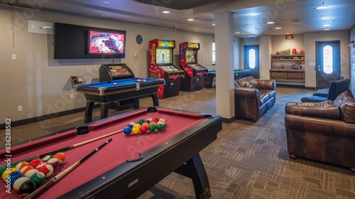 The game room features a pool table, arcade games, and comfy seating, making it a fun space for both kids and adults photo