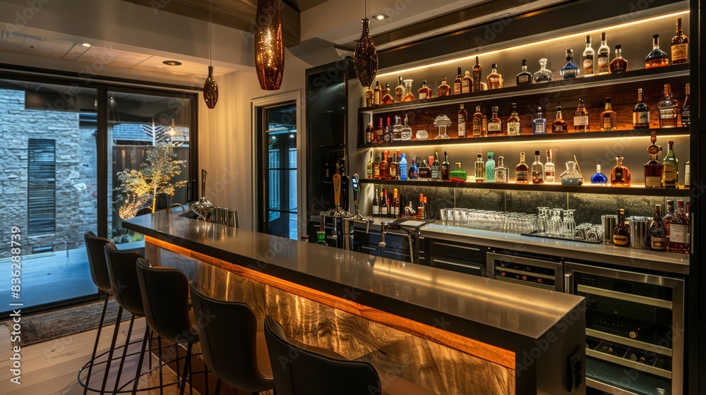 The home bar is stocked with spirits and mixers, with stylish barstools and ambient lighting for a chic entertaining space. The home bar is stocked with spirits and mixers, with stylish barstools and ambient lighting for a chic entertaining space.