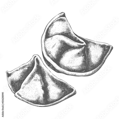 Hand-Drawn Monochrome Illustration of Two Capriccioli Pasta Parcels