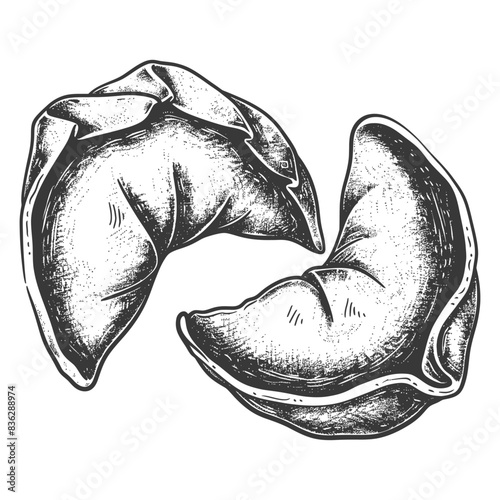Hand-Drawn Sketch: Two Rustic Empanadas, Separated, Detailed Texture