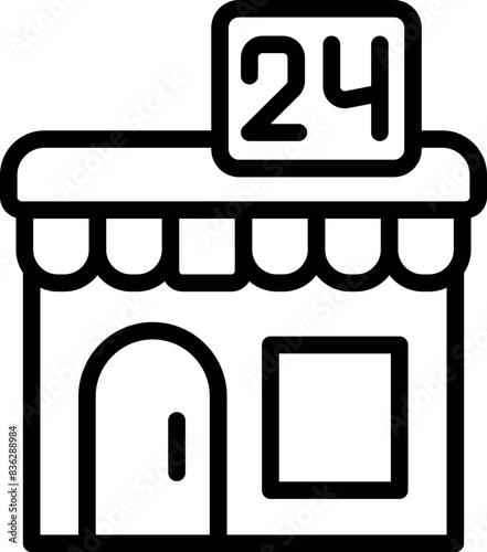 Black and white line art icon of a 24hour convenience store with a simple design