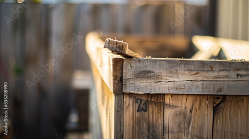 Tight shot of a recycling bin for wood scraps at a building site, focus on wood textures, soft, early morning light. 