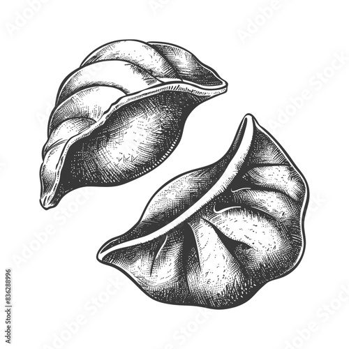 Hand-Drawn Vintage Illustration: Open Dumplings, Detailed Line Art