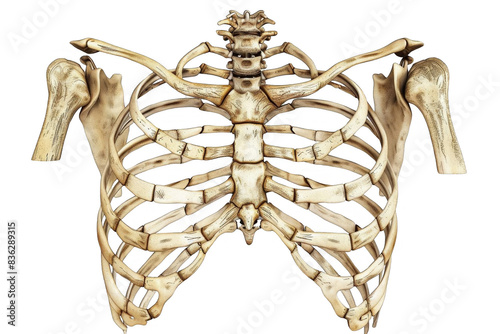 Human rib cage, sternum and shoulder bones, anterior view, transparent background