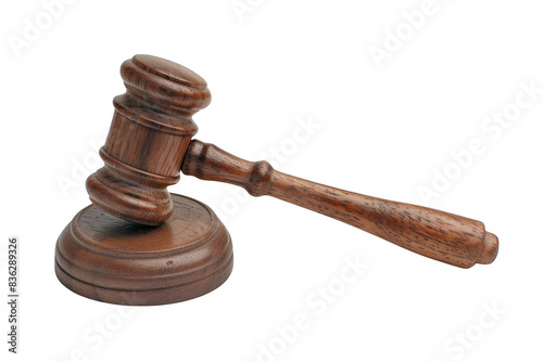 The photo shows a brown wooden judge's gavel resting on a matching sound block, transparent background