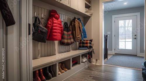The mudroom is practical and tidy, with hooks for coats, storage for shoes, and a bench for easy transitions in and out