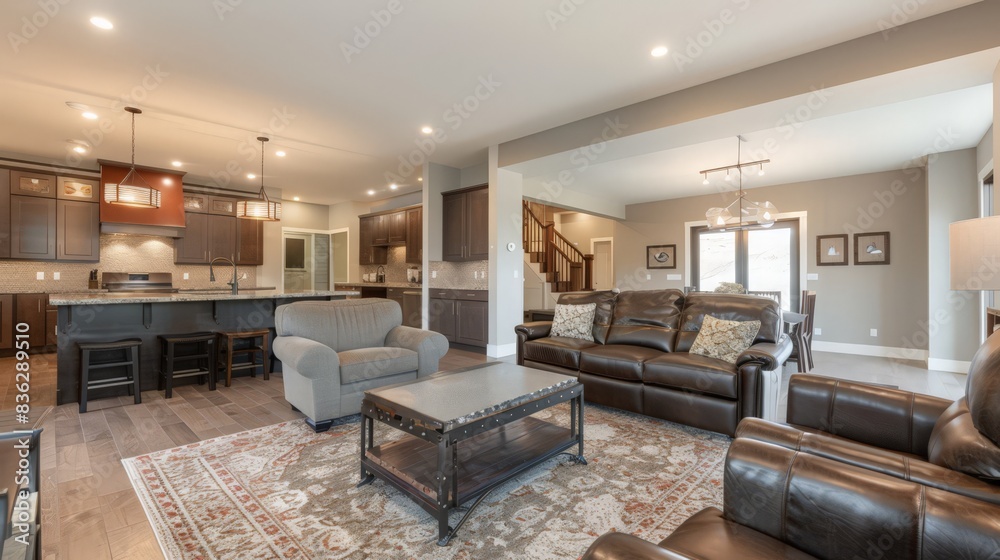 The open-concept living area combines the kitchen, dining, and living room, creating a spacious and inviting environment The open-concept living area combines the kitchen, dining, and living room, creating a spacious and inviting environment