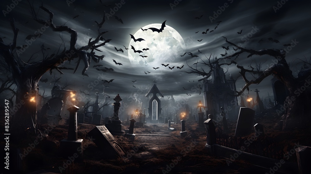 Obraz premium Halloween Night Mystery Graveyard Illustration