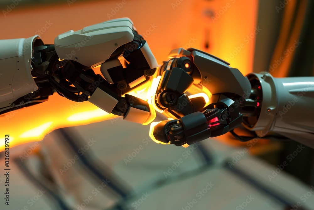The glow captures a timeless moment of unity as a human and robot fist bump in mutual acknowledgment The glow captures a timeless moment of unity as a human and robot fist bump in mutual acknowledgment
