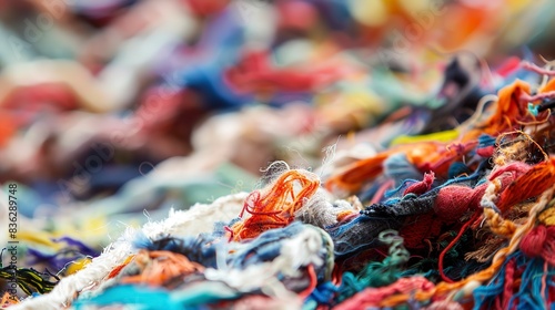 Macro of shredded textile materials before processing, detailed focus on mixed textures, bright, clear lighting. 
