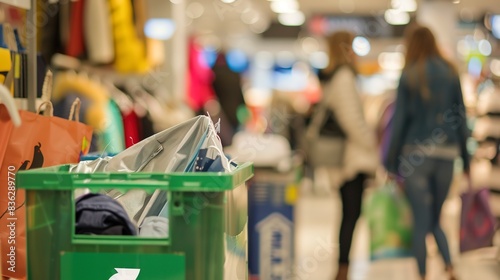 Close view of a bin labeled for textile collection at a retail store, focus on signage, blurred shoppers in background. 