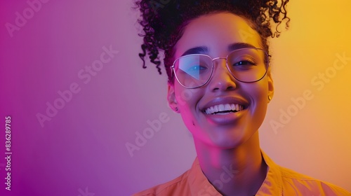 Woman talking to the camera on a purple gradient background, engaging and expressive
