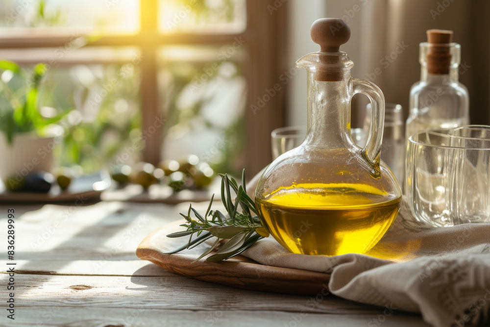 Olive Oil and Olives on Wooden Table at Sunset A rustic setting of olive oil glass bottle and a bowl jug of mixed liquid extra virgin olives on a wooden table in windows plant background Olive Oil and Olives on Wooden Table at Sunset A rustic setting of olive oil glass bottle and a bowl jug of mixed liquid extra virgin olives on a wooden table in windows plant background