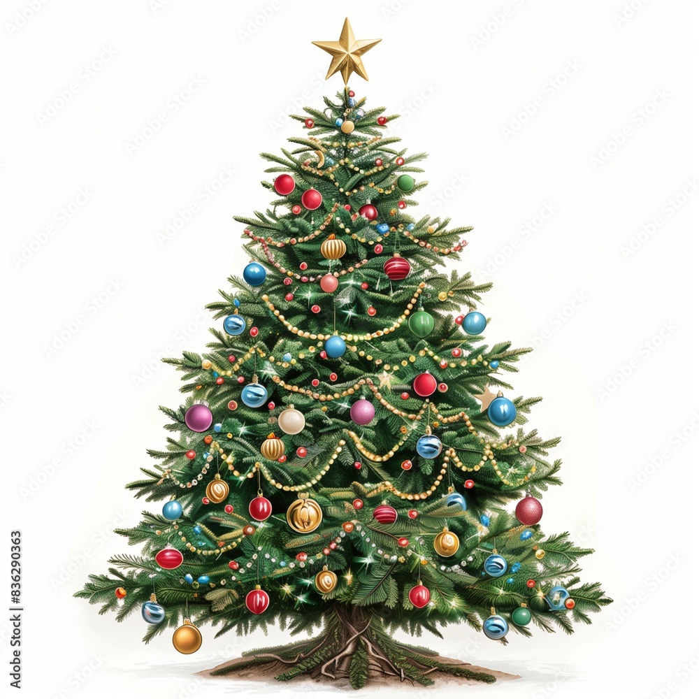 A beautifully decorated Christmas tree, adorned with colorful ornaments, twinkling lights, and a golden star on top, on a clean white background