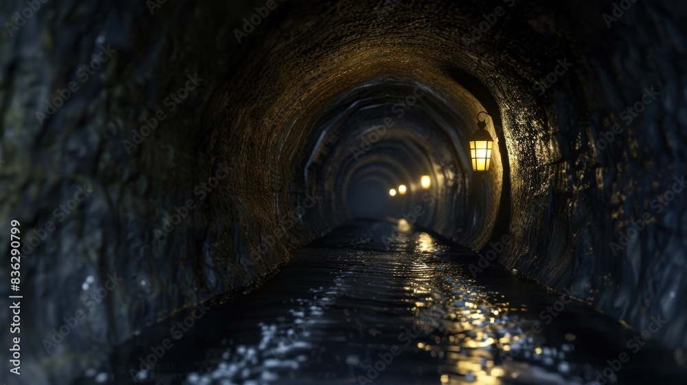 Naklejka premium A tunnel with a light source in the form of antique lamps, illuminating the interior space and casting a warm glow on the wet floor.