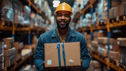 Smiling male worker in a hard hat holding a cardboard box in a warehouse with shelves full of goods photo