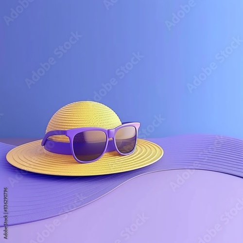 A sunhat and sunglasses casting a shadow on a pastel colored background, mimicking sunlight, 3D render clay style , summer background, top view, copy space, studio shooting