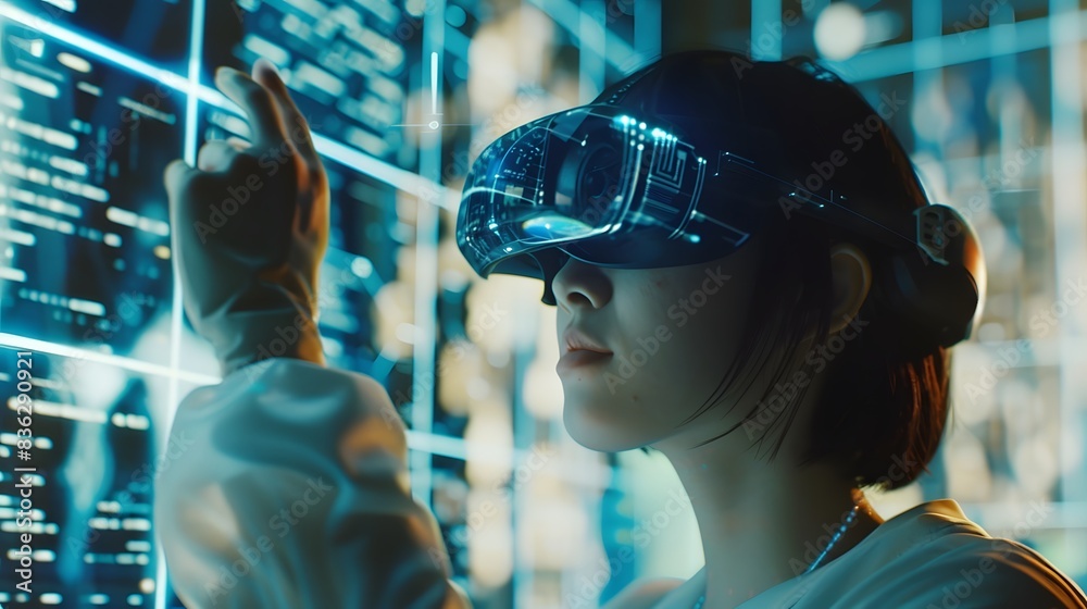 Person using AR glasses in a modern office, surrounded by floating data interfaces Person using AR glasses in a modern office, surrounded by floating data interfaces