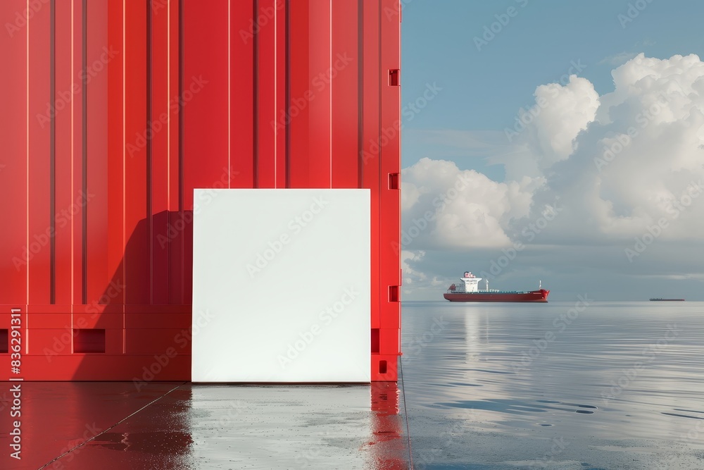 large red ship is in the water with a white sign on the side large red ship is in the water with a white sign on the side