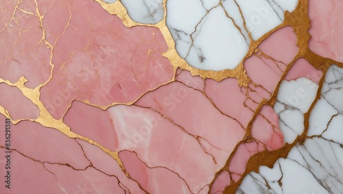 A background of pink marble with gold, a pattern of white, pink, and gold marble with gold cracks photo