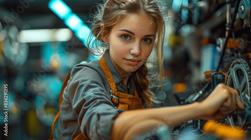 Portrait of a young woman with an assertive look as she works in a technical environment, showcasing skill and confidence © familymedia