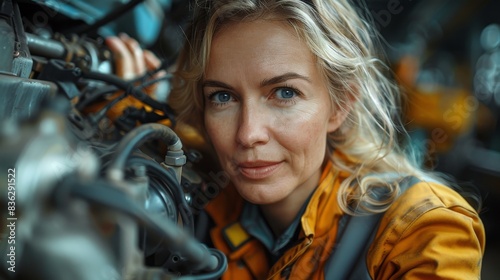 Mature woman mechanic attentively adjusts machinery, denoting experience and meticulousness in her craft photo