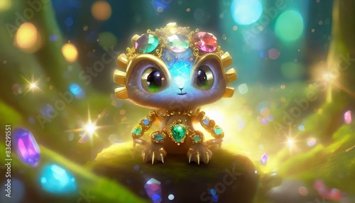 Cute ring-shaped creature with small colorful gemstones and gold, like an anime character © Muhammad