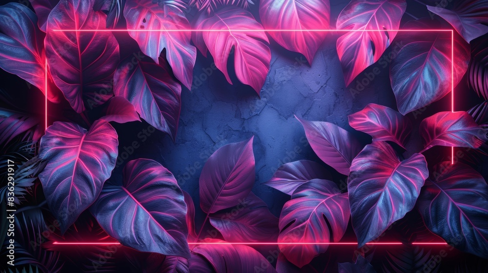 Neon light frame with dark pink and blue tropical leaves Neon light frame with dark pink and blue tropical leaves