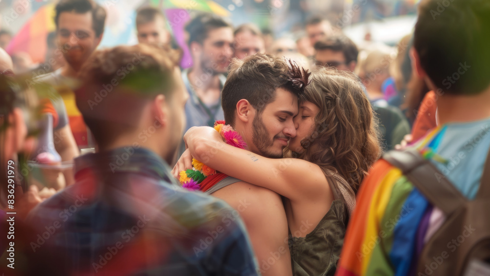 Couple Embracing at LGBTQ+ Pride Parade, Surrounded by Festive Crowd Celebrating Love and Diversity Couple Embracing at LGBTQ+ Pride Parade, Surrounded by Festive Crowd Celebrating Love and Diversity