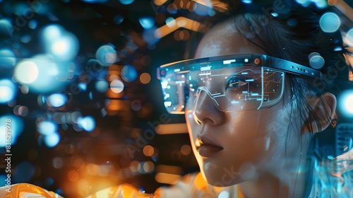 Person using AR glasses in a modern office, surrounded by floating data interfaces