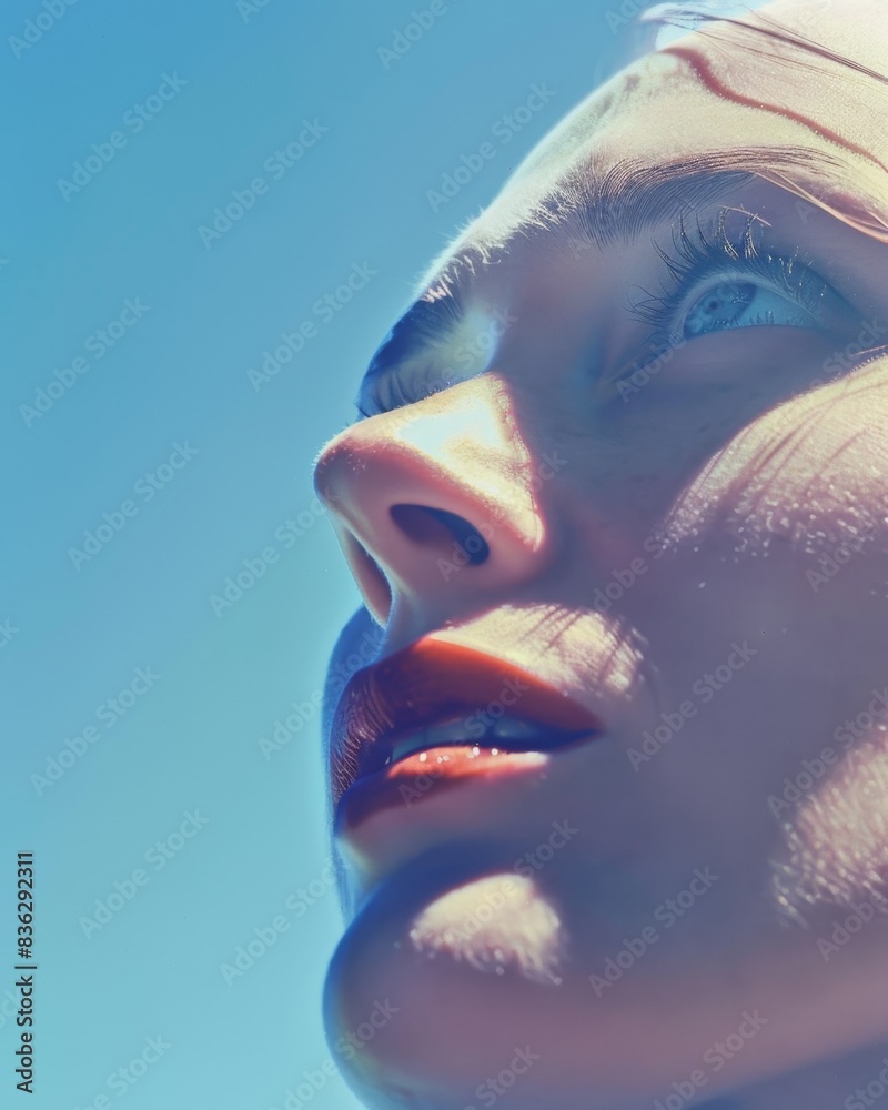 A close-up of a woman's face looking upwards against a clear blue sky. She has natural makeup with subtle red lipstick, and her expression is thoughtful and serene. A close-up of a woman's face looking upwards against a clear blue sky. She has natural makeup with subtle red lipstick, and her expression is thoughtful and serene.