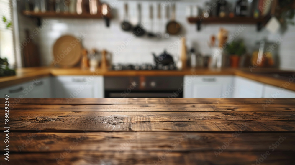 Beautiful empty brown wooden table top with a blurred defocused modern kitchen interior in the background creating a perfect setup for showcasing products Beautiful empty brown wooden table top with a blurred defocused modern kitchen interior in the background creating a perfect setup for showcasing products