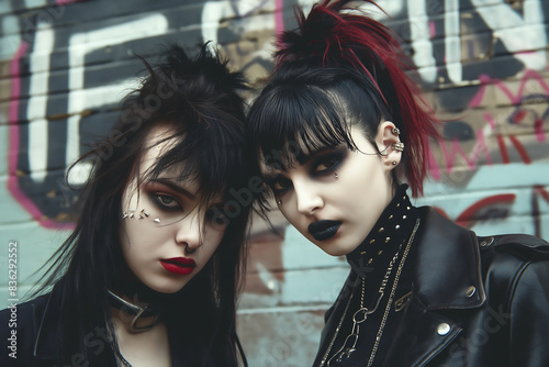 dgy goth fashion with two women in dark makeup and leather jackets urban graffiti background punk aesthetic alternative style bold look street culture rebellious vibe photo