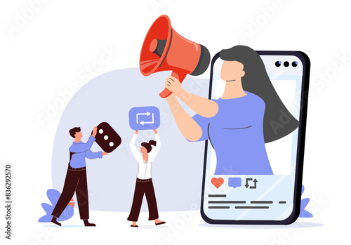 Social media blogger. Vector illustration in 3D style with characters, influencer marketing , blogger promotion services